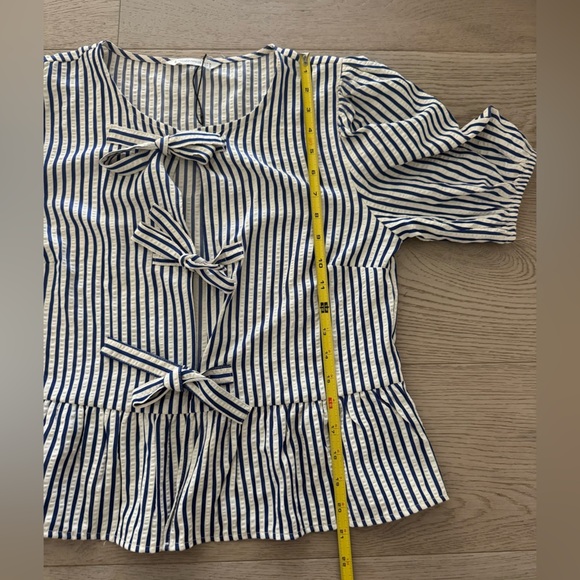 Stradivarius Striped Blouse with Tie Bows Navy Blue and White size M - Picture 7 of 7